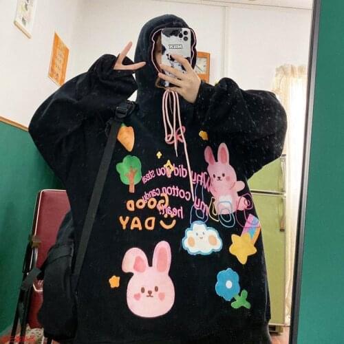 HOUZHOU Balck Anime Hoodie Harajuku Kawaii Rabbit Print Oversized Hip Hop Pullover Streetwear Women Autumn Pink Sweatshirt Loose