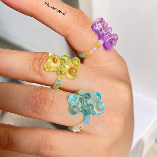 HUANZHI 2021 New Y2K Colorful Transparent Bear Handmade Elasticity Rice Beads Finger Ring for Women Jewelry Gifts