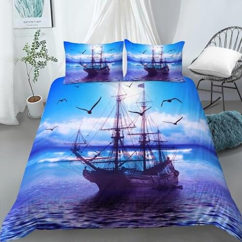 3D Boat Bedding Set Sailboat Duvet Cover with Pillowcase Shame Twin Kids Polyester Comforter Cover Queen King Size for Adult