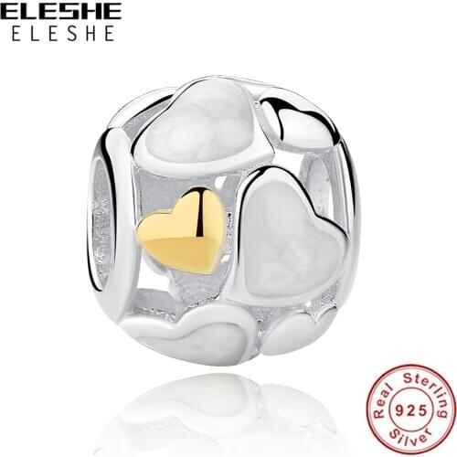 Fashion 925 Sterling Silver Dramatic White Enamel Heart Gold Beads Fit Original Charm Bracelet Jewelry