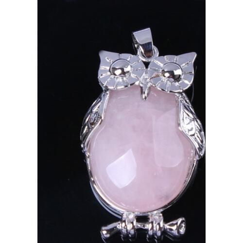 Trendy-beads Popular Silver Plated Natural Rose Pink Quartz Owl Pendant For Anniversary Gift Animal Jewelry