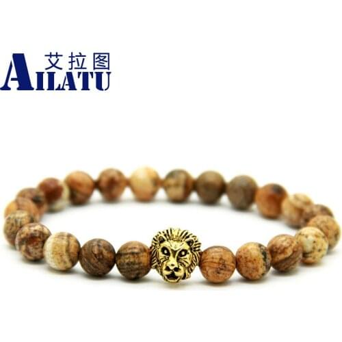 Ailatu New Design Mens Gift Jewelry Wholesale 8mm Natural Picture Stone Beads Lion Head Bracelet
