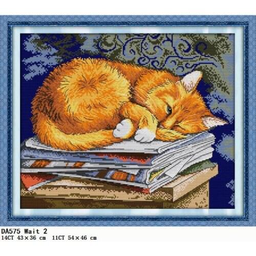 Cat Wait Cross Stitch Kit Counted Embroidery Needlework Patterns 11CT 14CT Thread Stamped DIY Home Decoration Set Printed Canvas