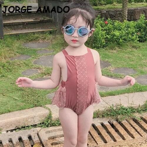 2021 New Summer Teenagers Girls Swimwear 1- Pcs Sets Patchwork Lace Sling Swimsuit Children Cute Style Clothes E100