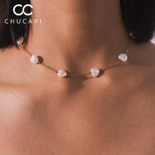 CHUCARI New Simple layer Short Choker Necklace Irregular Pendant Pearl Necklaces Pentagram Heart-Shaped Gold Chain Women Jewelry