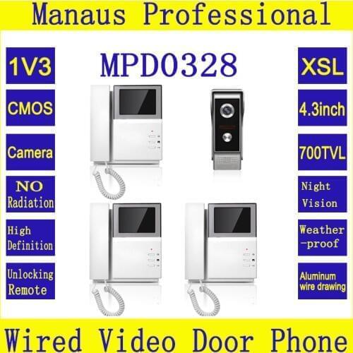 New Three 4.3 inch LCD Monitor Video Door Phone Doorbell with One Camera Outdoor Waterproof IR Night Vision Video Intercom D0328