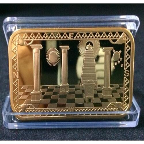 50 pcs Non magnetic Mason bullion gold plated freemason ingot badge 50 mm x 28 mm collectible bars with different serial number