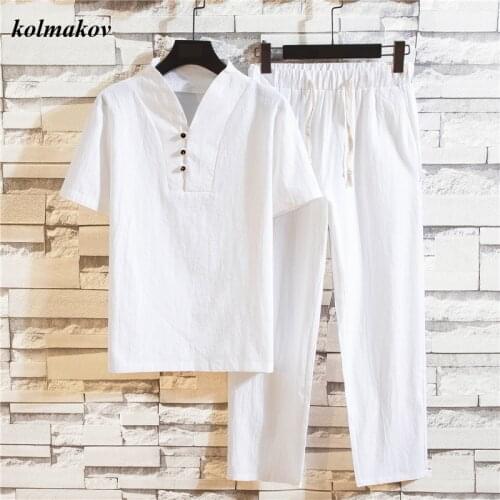 Shirt + Trousers) 2020 New Arrival Summer Style Men Cotton and Linen Shirts Short Sleeve Mens Solid Casual Shirts Size M-5XL