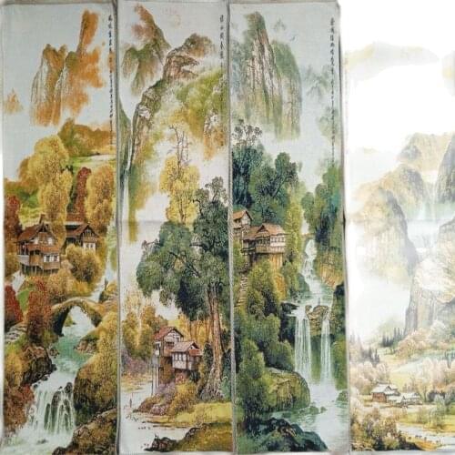 Hand embroidery (spring, summer, autumn and winter pictures of flowing water family) Thangka decorative painting, hanging painti
