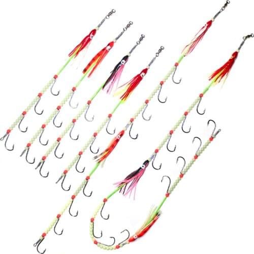 Luminous Squid String Hook Octopus Fishhook for Ribbonfish Barbed Fishing Hook Fluorescence Night Fishing Hook Soft Bait Tackles