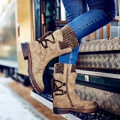 Warm women Boots New Autumn Winter Vintage PU Patchwork Female Flat Lace Up women Shoes Snow Boots Knitting Mid Calf Boots