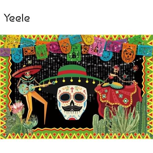 Yeele Photocall Day Of The Dead Backdrop Mexican Glitter Skeleton Cactus Photography Background Music Party Decor Photo Studio
