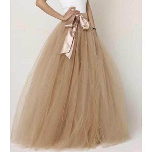 Khaki Tulle Women Skirt With Ribbon A Line Long Maxi Skirt Floor Length Tutu Custom Made Lady Skirt Vintage Saias Faldas Jupe