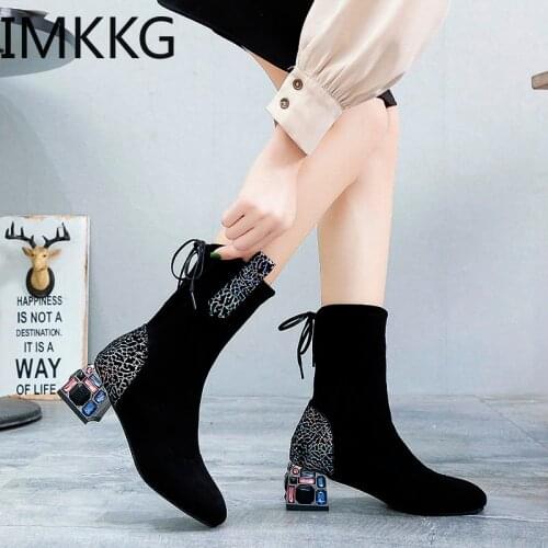 Womens Boots Autumn Fashion Woman shoes Flock Ankle Boot Crystal with Thick Mid-Heel Women Botas Winter Shoes Women