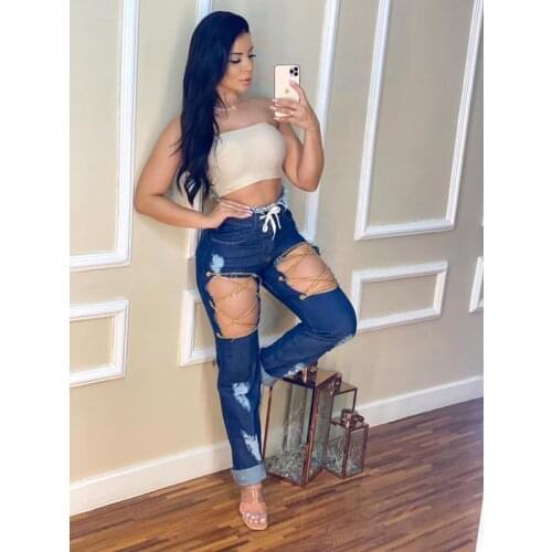 Women Clothing Fashion Personality Jeans Woman Bandage Denim Straight Pants Lounge Wear Streetwear Y2k Clothes Wholesale Items