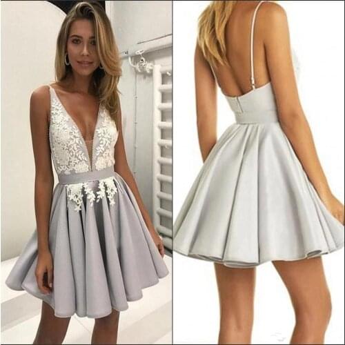 Women Chiffon Short Homecoming Dresses Sexy V Neck Spaghetti Strap Graduation Dress Appliques Backless Prom Party Gowns