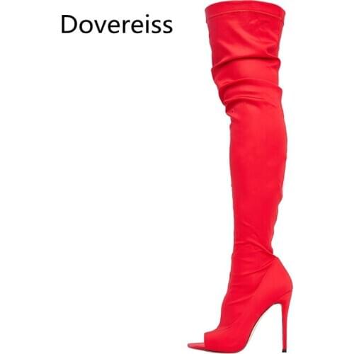 Dovereiss Fashion Womens Shoes summer Zipper Stilettos Heels Peep toe sexy suede red Over the knee boots Concise Mature 33-48