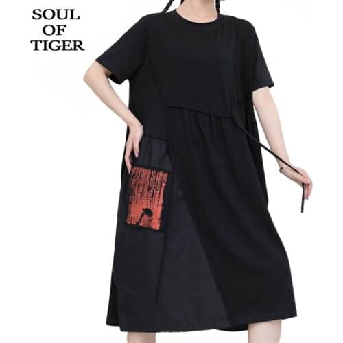 SOUL OF TIGER Korean Style 2021 New Fashion Womens Casual Black Dresses Ladies Printed Patchwork Dress Female Oversized Vestidos