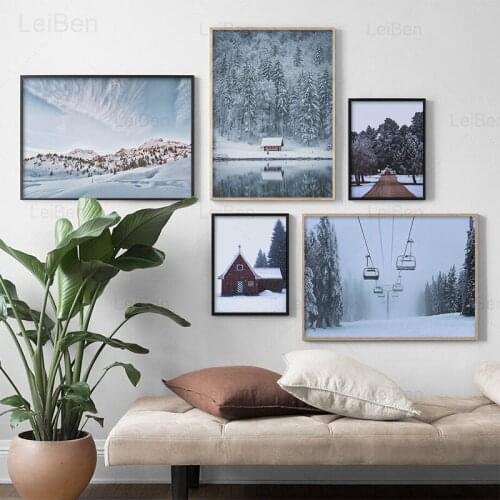 Winter Landscape Snow Mountain Forest Foggy Wooden House Art Poster Home Decoration Living Room Canvas Painting Party Atmosphere