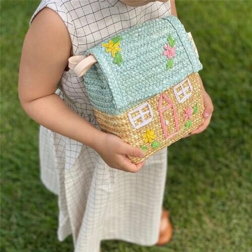 Childrens Straw Woven Bag Small House Woven Bag, Rattan Woven Handbag Backpack Bamboo Woven Shoulder Bag