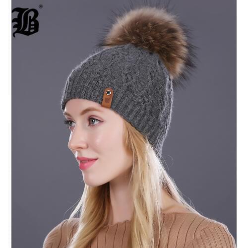 [FLB] Winter Hats For Women Pom Poms Real Mink Fur Wool Knitted Hat Beanie New Thick Keep Warm Bonnet Femme Girl 2017 new