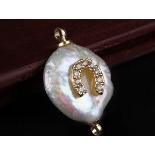 Tiny gold white cz horse shoe horseshoe lucky wish charm real freshwater pearl connector pendant bead for jewelry