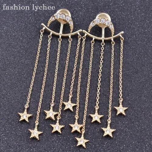 Fashion lychee Hot Sale Moon Star Long Tassel Pendant Drop Earrings For Women Girls Party Fashion Jewelry Gift