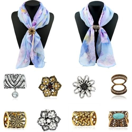 Fashion Luxury Crystal Rhinestone Scarf Buckle Hollow Out Flower Brooch Pins For Women Silk Shawl Buckle Ring Clip Jewelry Gift