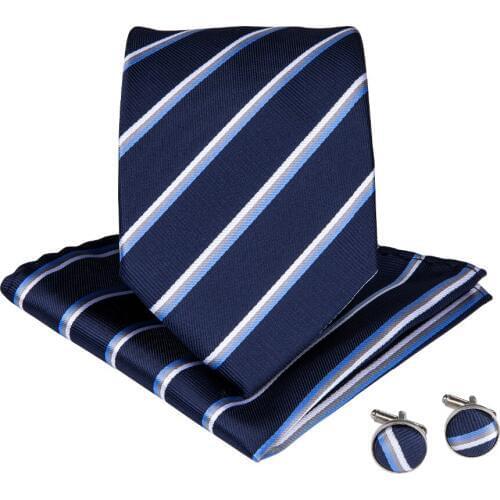 DiBanGu Blue White Striped Mens Big Size Ties With Hanky Cufflinks 160CM Length Silk Neck Ties Set For Mens Wedding MJ-7526
