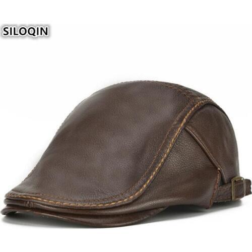 SILOQIN Adjustable Size Men Leather Beret Hats Genuine Leather Hat Simple Fashion Berets Adult Mens Brands Cowhide Leather Cap