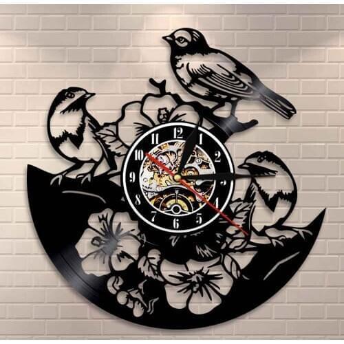 Flowers Birds Wall Clock Tropical Peel and Stick Nature Wall Art Birds in Tree Vinyl Record Clock Songbirds Sparrows Wall Clock