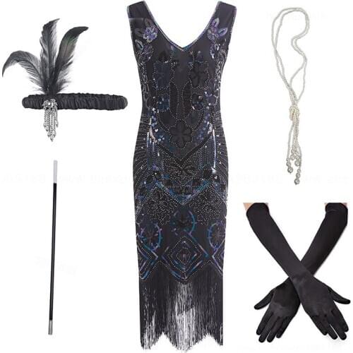 1920s Flapper Roaring Plus Size 20s Great Gatsby Fringed Sequin Beaded Dress and Embellished Art Deco Dress Accessories XXXL
