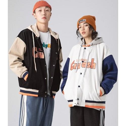 Popolar Fashion Detachable Hooded Embroidered Bomber Jacket Lovers Patchwork Contrast Color Standing Collar Coat