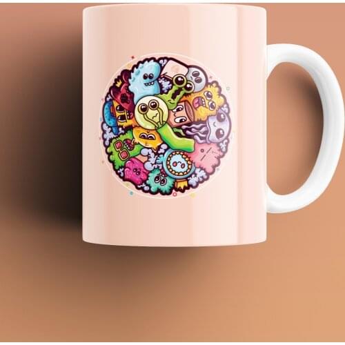 Cute Monsters Patterned, Printed White Mug Cup, Porcelain Raw Material, Handle, Gift Product, quality Mug and Printing