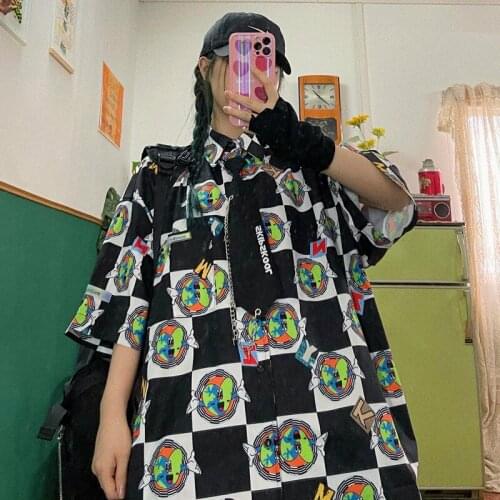 Street hip hop retro cute Plaid print loose oversized short sleeve shirt girl SHIRTS