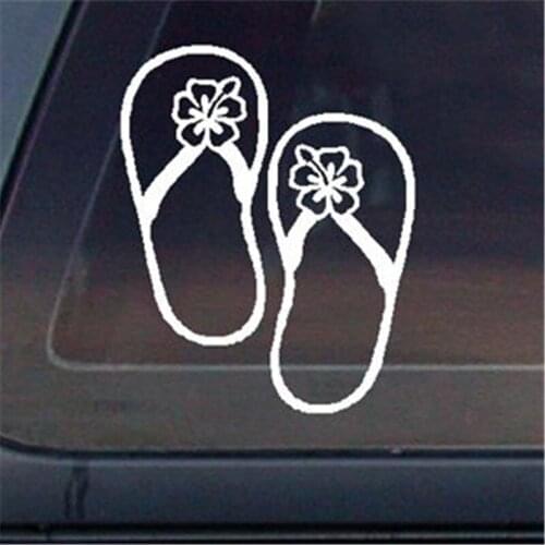 Hibiscus Flower on Flip Flop tall die cut vinyl decal for window, car, truck, tool box, laptop, noteBook decals white