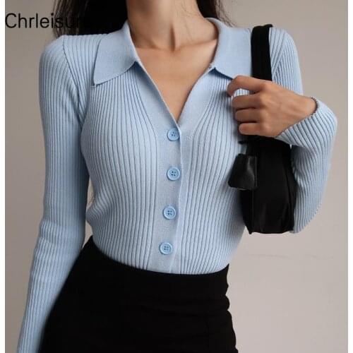 CHRLEISURE Women Sweater Vintage Casual Polo Collar Long Sleeve Knitted Short Cardigan Fashion All Match Solid Base Sweaters