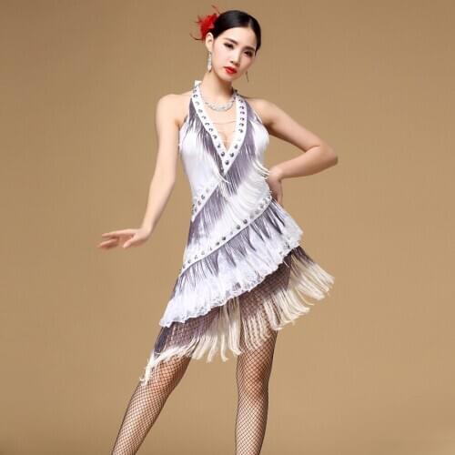 Latin Dance Dress Women Performance Ballroom Dancing Salsa Dance Dresses with Tassels Samba deep V-neck Carnival Costumes