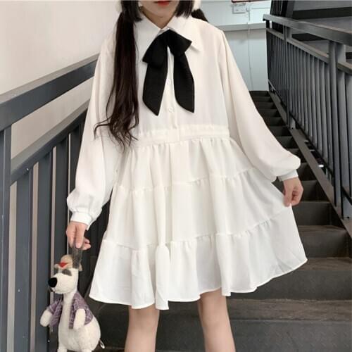 Japanese kawaii clothing sweet lolita dress Bow Lapel Lantern Sleeve Design Waist Hugging Lace-up Ruffles Women Autumn