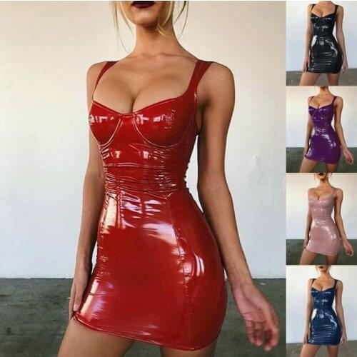 Women Sexy Leotard Mini Dress Leather Push Up Sleeveless Backless Bodycon Solid Color Pencil Sundress for Party Club Cocktail