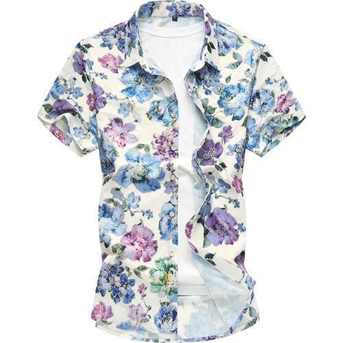 2018 Mens Shirt Summer New Fashion Flower Print Short Sleeve Shirts Men Slim Fit Mens Clothing Trend Casual Shirts Mens M-7XL