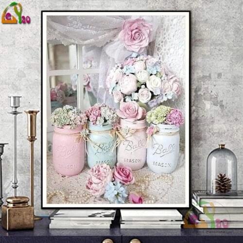 5D DIY Diamond Embroidery Shabby Mason Jars,Flowers Full Diamond Painting Cross Stitch Mosaic Kit Needlework Home Decor Art