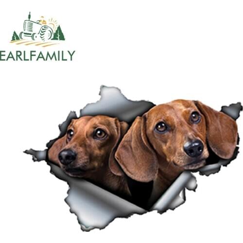 EARLFAMILY 13cm x 8.6cm 3D Tan Dachshund Car Sticker Torn Metal Decal Reflective Stickers Waterproof Car Styling Pet Dog Decals