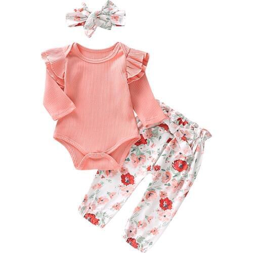 Autumn Baby Girl Clothing Sets Baby Girls Clothes Fly Sleeve Romper Shirt Tops+Floral Pants+Headband 3pcs Infant Outfits 2019