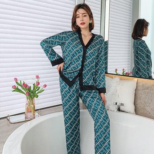 Summer Satin Ice Silk Home Wear Long Sleeve Loungewear Suits Printed Letter Sleepwear Women Pajamas Set Pyjamas With Toursers