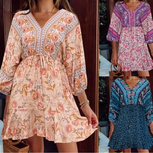 Summer Beach Dress For Women Bohemian Style Sexy V-Neck Print Color With Belt Casual Fashion Elegant Autumn Female Vestido C2691