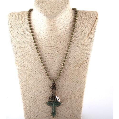 MOODPC Fashion Jewelry 60cm Beads Chain Stone and Cross Necklaces Women Ethnic Necklace