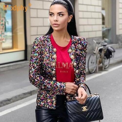 2019 New Fashion WomenS Black Sequins Jacket Long-Sleeved Buttons Sexy Good Quality Clubs Wholesale Hot Sale Party Coat
