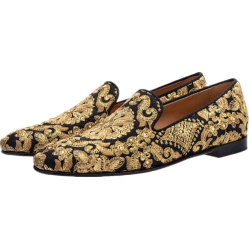 New Luxury Men Wedding Shoes Gold Emebroidered Loafers Fashionable Nightclub Party Shoes Zapatos Hombre Private Customization