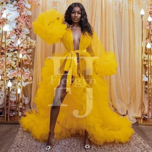New Gold Tulle Ruffles Women Evening Gown Maternity Dress for Photoshoot 2021 Fashion Long Sleeve Sheer Party Dresses Customized